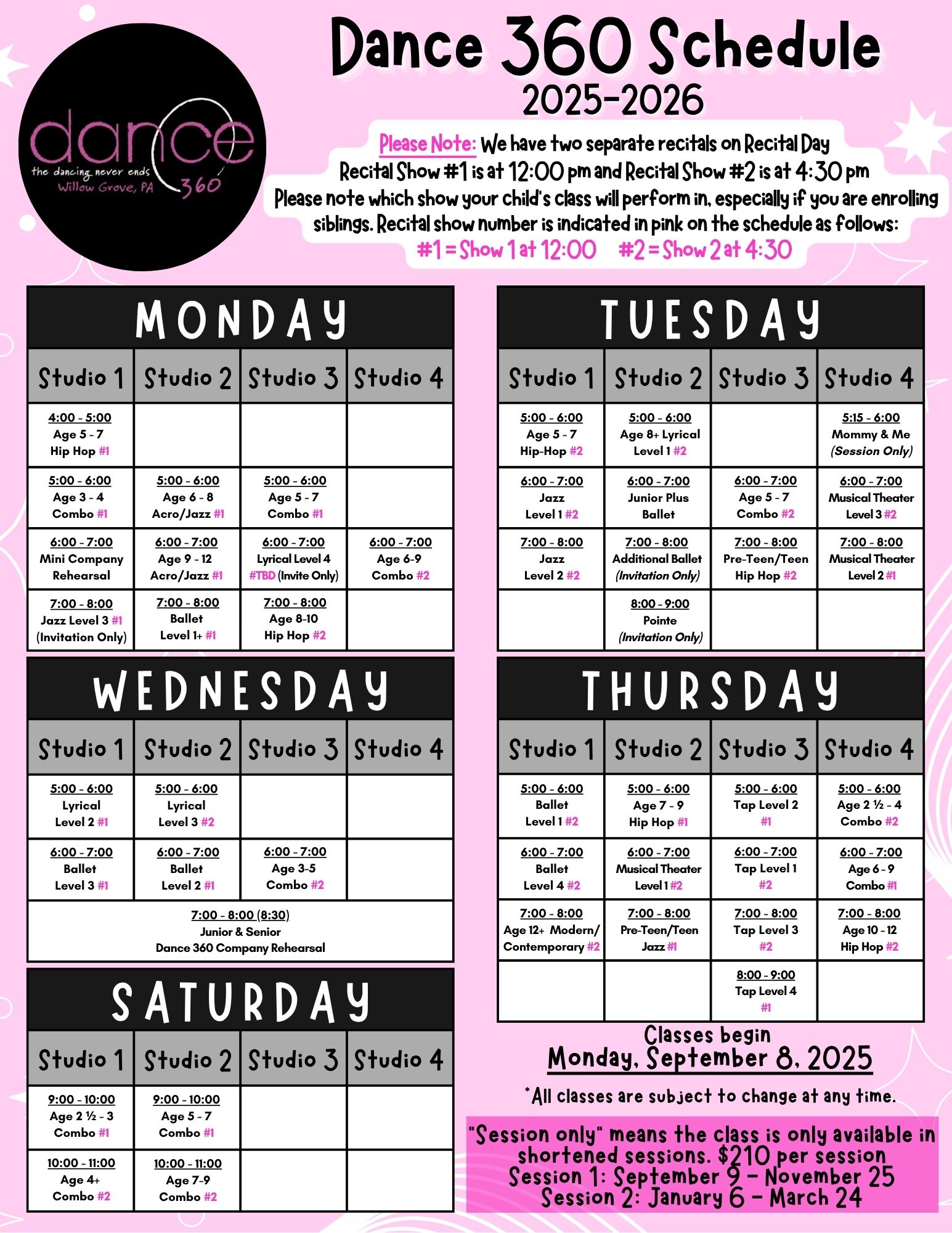 Dance 360 Class Schedule 25-26